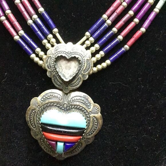 Necklace Vintage multistrand, Multicolor bead and heart sterling silver  - Picture 2 of 9
